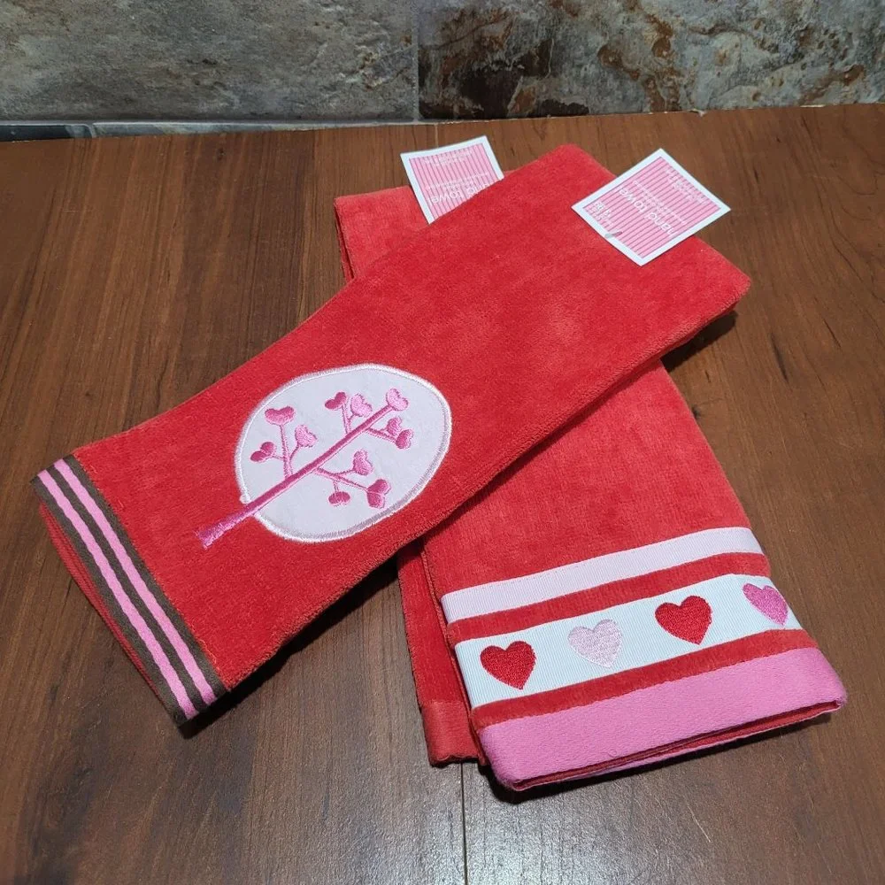 Valentines Heart Red Cotton Hand Towel Set of 2